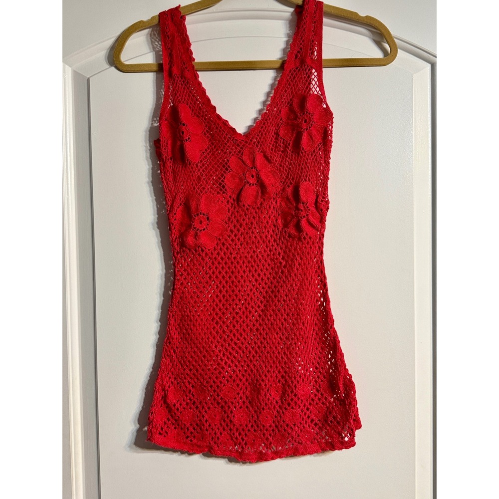 Crochet Tank Top Womens S Red Excellent 3D Floral Boho Mesh Knit Festival Retro